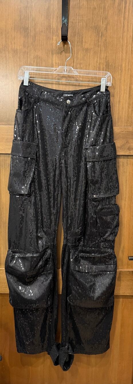Steve Madden Womens XS Black Sequin Cargo Pants High Waisted Wide Leg Trouser S